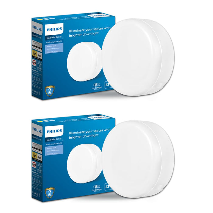 PHILIPS Polycarbonate Rimless Full Glow 22-Watt Round LED Surface Downlighter for Ceiling | Cool Day Light | Pack of 2