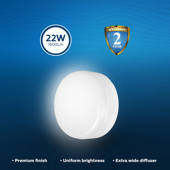 PHILIPS Polycarbonate Rimless Full Glow 22-Watt Round LED Surface Downlighter for Ceiling | Cool Day Light | Pack of 2