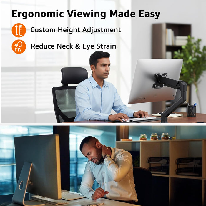 Amazon Basics Pro Series Ergonomic Single Monitor Arm with Gas Spring – Full Motion VESA Mount (13"–32"), 360° Rotation, Supports up to 8 kg | Adjustable Monitor Mount