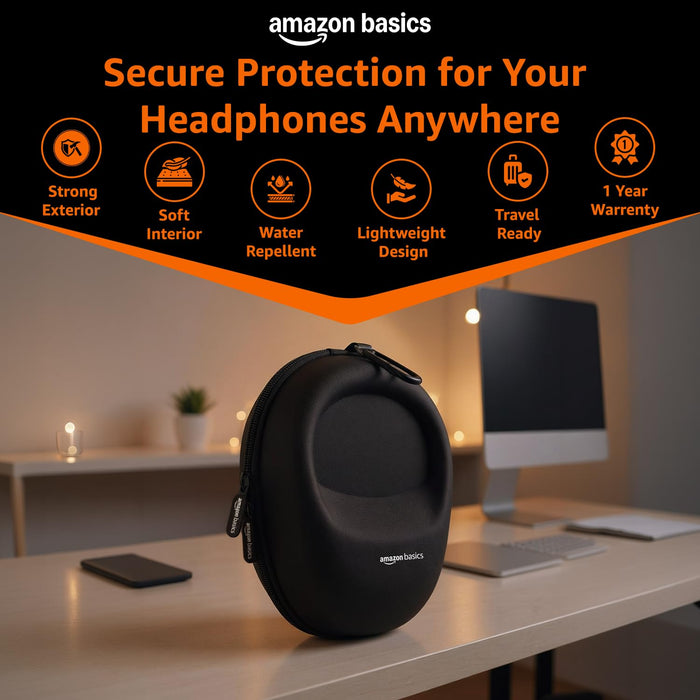Amazon Basics Hard Shell EVA Headphone Carrying Case for Universal Oversized Over-Ear Headset, Shockproof, Water Repellent, Anti-Pressure Portable Protective Pouch/Storage Bag, Black