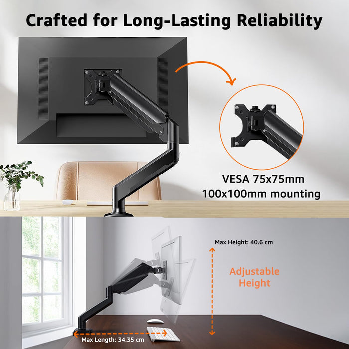 Amazon Basics Pro Series Ergonomic Single Monitor Arm with Gas Spring – Full Motion VESA Mount (13"–32"), 360° Rotation, Supports up to 8 kg | Adjustable Monitor Mount