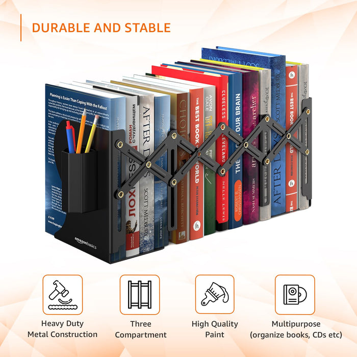 Amazon Basics Adjustable Metal Bookend for Heavy Books | Organizer Holder for Home Storage, Office, Classroom, Library with Pen Holder | Extends Up to 15 Inches | Black