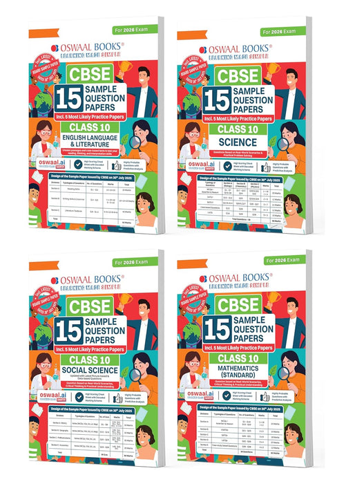 Oswaal CBSE 15 Sample Question Papers Class 10 English, Science, Social Science & Maths Standard (Set of 4 Books) for 2026 Board Exam (As per CBSE Sample Question Paper issued on 30 July 2025