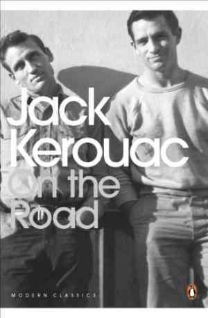 Book cover of 'Jack Kerouac on the Road' with two men standing together.
