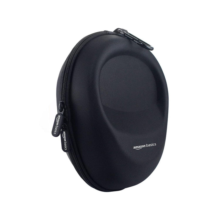 A black oval-shaped hard protective carrying case with a zipper closure and a small white 'amazon basics' logo on the front, shown on a plain white background.