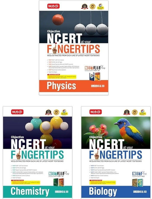 Set of three books titled 'NCERT at your Fingertips' for Physics, Chemistry, and Biology on a white background.