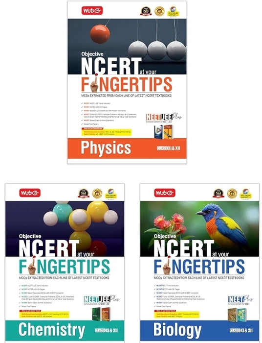 Set of three books titled 'NCERT at your Fingertips' for Physics, Chemistry, and Biology on a white background.