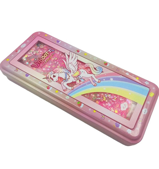 Unicorn Pencil Box Filled with Fancy Water Glitters| Unicorn Art Metal Pencil Box (Set of 1, Pink) - eLocalshop
