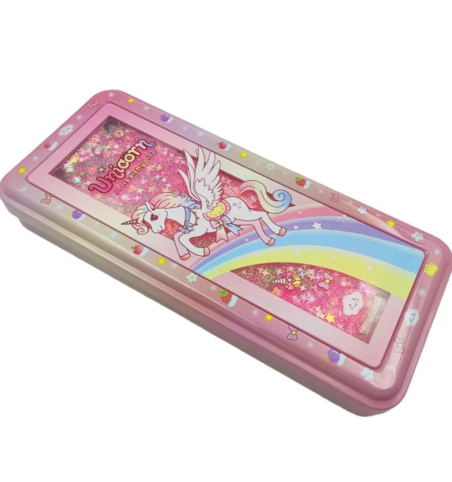 Unicorn Pencil Box Filled with Fancy Water Glitters| Unicorn Art Metal Pencil Box (Set of 1, Pink)