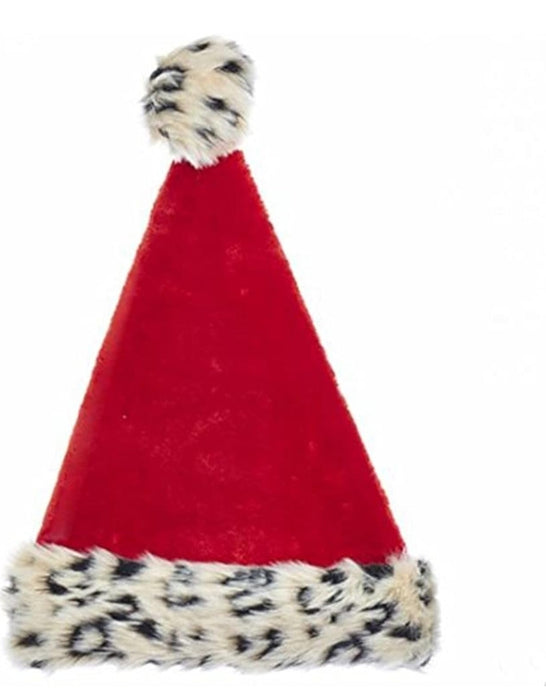 Red Plush Santa Hat With Leopard Fur Trim - eLocalshop