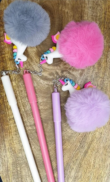PomPom Teddy Gel Pen with Keychain (Pack of 2)- Random Color - eLocalshop