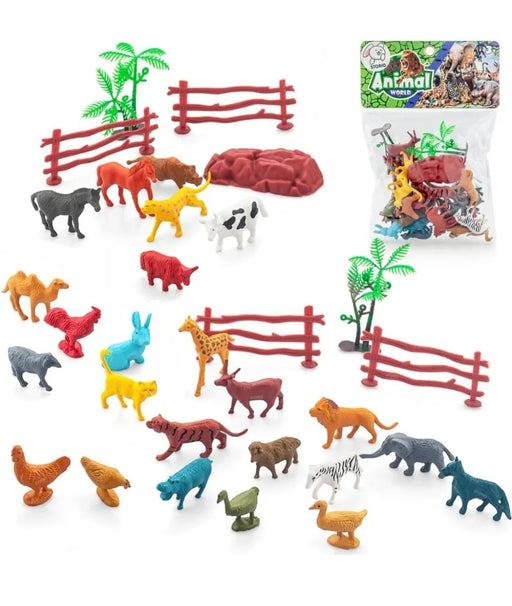 31pcs Animal Figure Toy Set | Includes Farm and Jungle Animal Playsets with an Artificial Tree and Fencing - eLocalshop