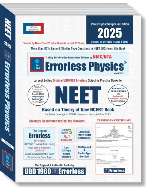 UBD1960 Errorless Physics for NEET as per NMC (Paperback+Smart E-book)Updated New Edition 2025 (2 volumes) Original Errorless Self Scorer Book with Trademark Certificate - eLocalshop