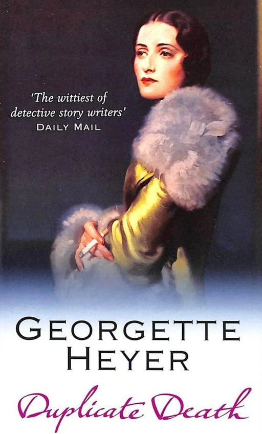 Book cover of 'Duplicate Death' by Georgette Heyer featuring a woman in a fur coat.