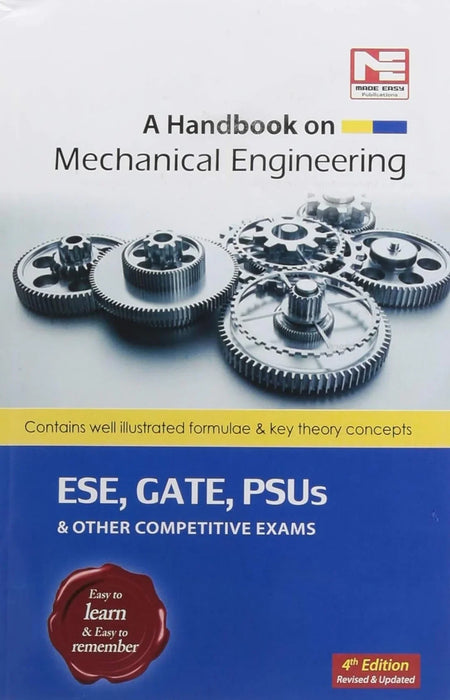 Book cover of 'A Handbook on Mechanical Engineering' with gears and NE logo.