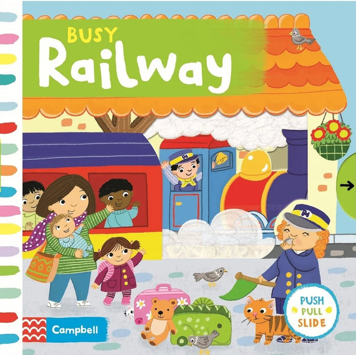 Children's book cover titled 'Busy Railway' with colorful illustrations of a train and children.