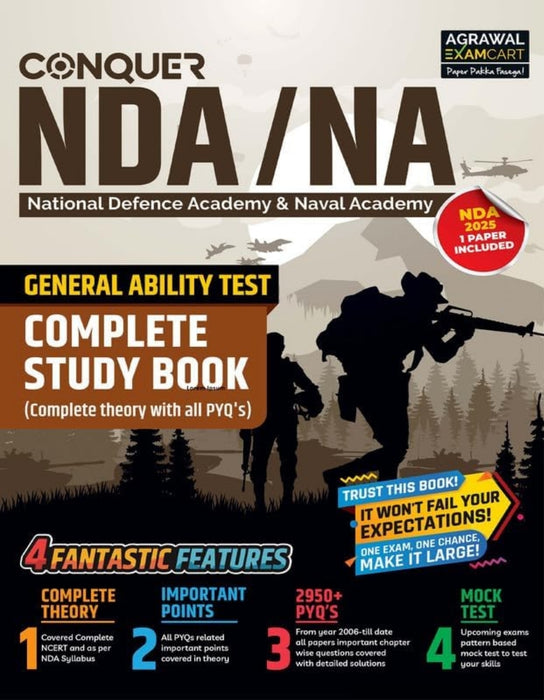 Examcart Conquer NDA/NA General Ability Test (GAT) Complete Study Guidebook 2025 | 2950+ PYQs with Detailed Solutions | NCERT Based Full Syllabus Theory + Important Points + Mock Test