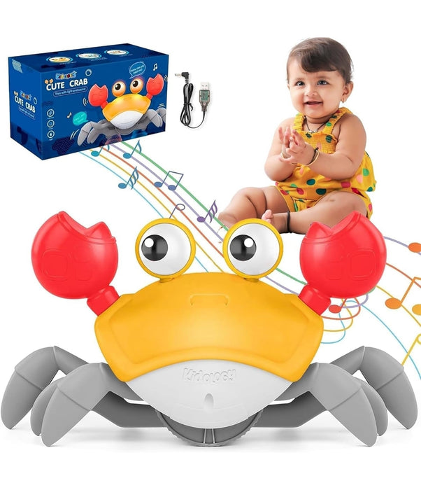 Crawling Crab Infant Tummy Time Toys | Kids Electronic Musical Light up Toy with Automatically Obstacle Avoidance Induction | Walking Moving Baby Toys with Music, LED Lights and USB Cable