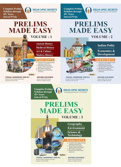 DELHI UPSC Secrets:Prelims Made Easy - Volume 1, 2,3Complete Set of 3 Books - 2025/Edition