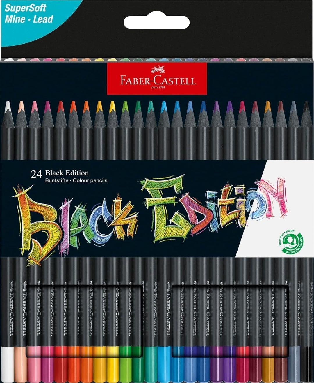 Faber-Castell Black Edition Colored Pencils - 24 Count, Black Wood and ...