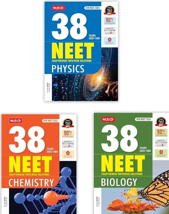 MTG 38 Years NEET Previous Year Solved Question Papers Physics, Chemistry & Biology PYQs Chapterwise Topicwise Solutions For 2025-2026 Exam (Set of 3)