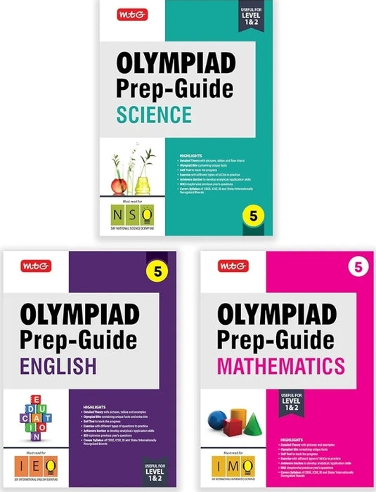 MTG Olympiad Prep-Guide Class-5 Mathematics, Science & English (Set of 3 Books) - Detailed Theory, IMO-NSO-IEO Previous Years Questions with Self Test