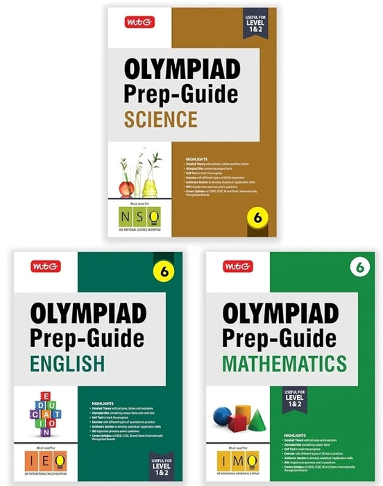 MTG Olympiad Prep-Guide Class-6 Mathematics, Science & English (Set of 3 Books) - Detailed Theory, IMO-NSO-IEO Previous Years Questions with Self Test