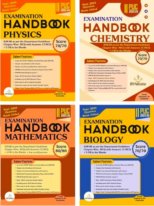 SPR 2nd PUC Handbook -PHYSICS. CHEMISTRY. MATHEMATICS. BIOLOGY|Set Of 4 Books|Chapterwise MCQ With Answers-15 MCQ + 5 Fill In The Blanks -12 Solved Paper