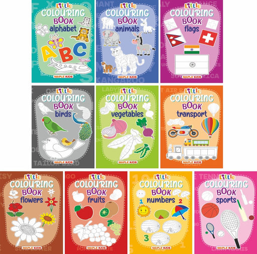 Little Colouring Books (Set of 10 Books) - Vegetables, Transport, Flowers, Fruits, Birds, Alphabet, Animals, Numbers, Sports, Flags - eLocalshop