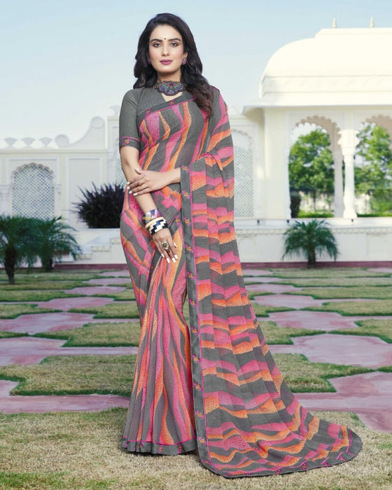 Women's Georgette Printed Saree With Blouse Piece (Pink Grey)