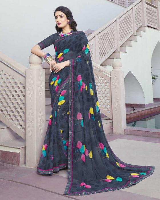 Women's Georgette Printed Saree With Blouse Piece (Black)