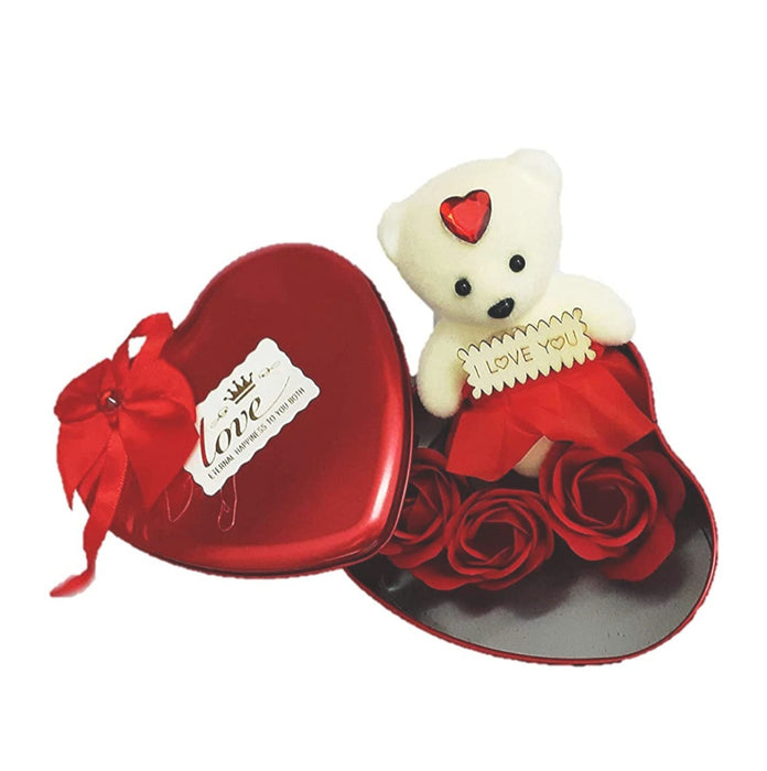 Heart Shaped Box With Teddy And Scented Roses, Valentine Gift - eLocalshop