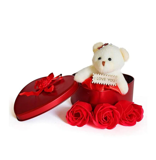 Heart Shaped Box With Teddy And Scented Roses, Valentine Gift - eLocalshop