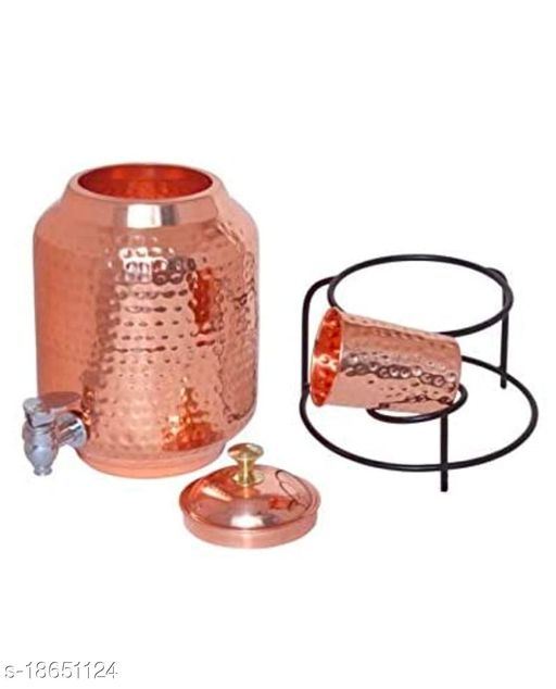 Copper Art Hammered Copper water dispenser (Matka/Pot) Container Pot Water Tank 5000 ML with 1 copper glass and Stand for Home