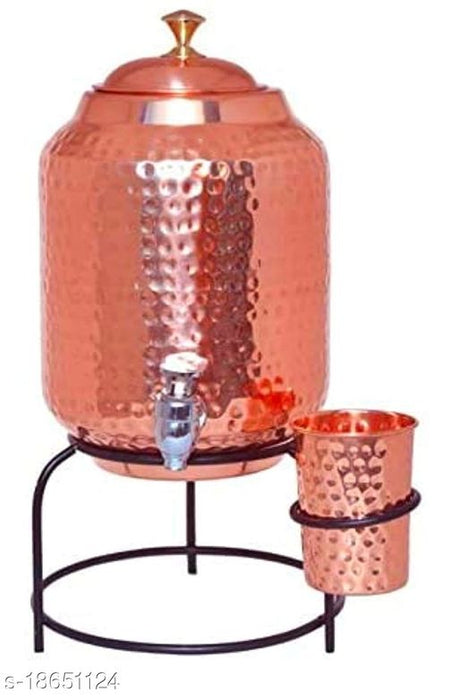 Copper Art Hammered Copper water dispenser (Matka/Pot) Container Pot Water Tank 5000 ML with 1 copper glass and Stand for Home